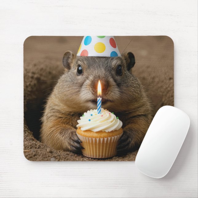 Groundhog With a Birthday Cupcake Mouse Mat (With Mouse)