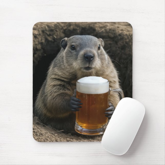 Groundhog With Mug of Beer Mouse Mat (With Mouse)