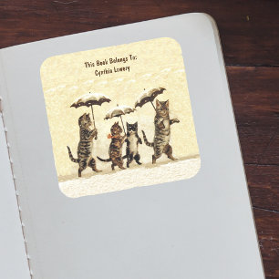 Group Cats Kittens Walking Upright in Snow Yellow Square Sticker