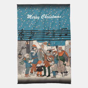 Group Christmas Carolers Musicians Music Notes Tea Towel