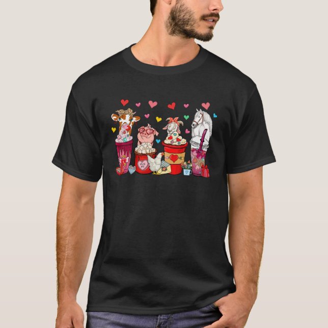 Group Cute Farm Animals Bow Tie Drinking Coffees V T-Shirt (Front)