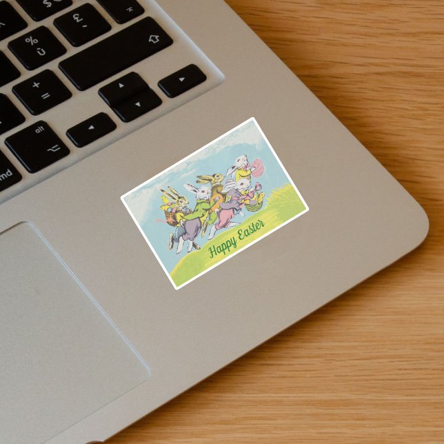Group Easter Bunnies Eggs Baskets in Grass (Group Easter rabbits running in grass baskets eggs on Happy Easter vinyl sticker.)