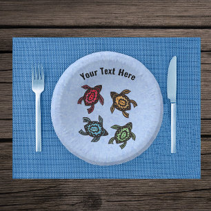Group Four Turtles Abstract Colourful Shells Blue Paper Plate