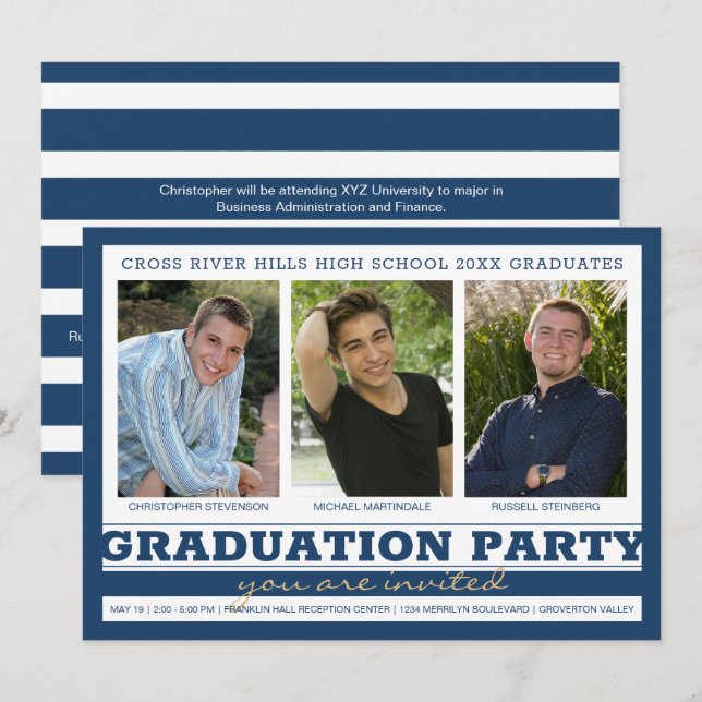 Group Graduation Party Three Photo Blue Invitation (Front/Back)