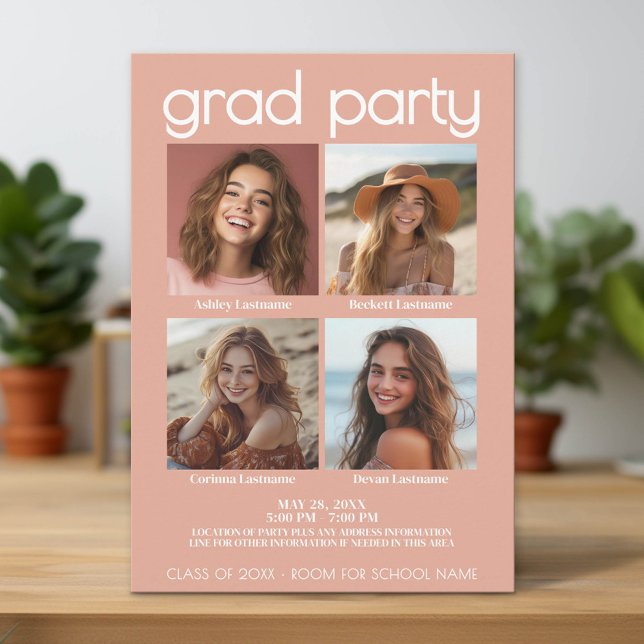 Group of 4 Graduation Celebration Joint Grad Party Invitation (Group Graduation Party Invitation)