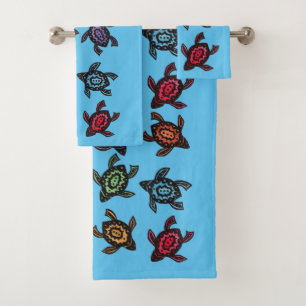 Group of Abstract Black Turtles Colourful shells Bath Towel Set