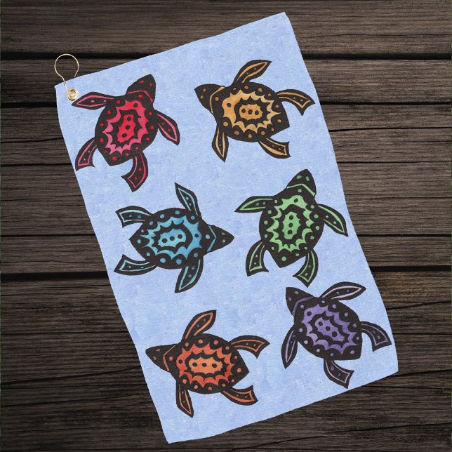 Group of Abstract Black Turtles Colourful Shells Golf Towel (Bunch of abstract turtles with different color shells on light blue golf towel.)
