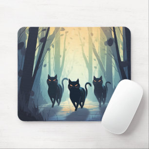 Group of Black Cats in Foggy Forest Halloween Mouse Mat