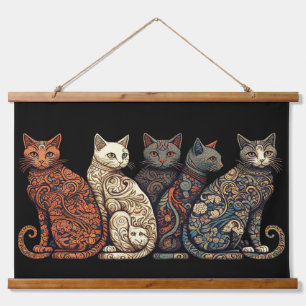 Group of Cats in Victorian Wallpaper Style Hanging Tapestry