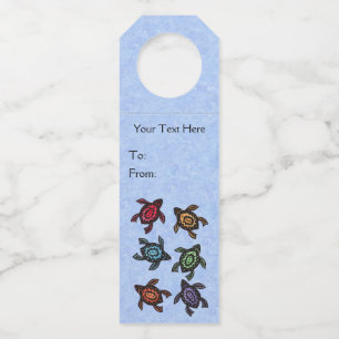 Group of Colourful Fantasy Turtles on light Blue Bottle Tag