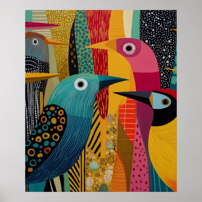 Group of colourful, imaginary birds poster (Front)