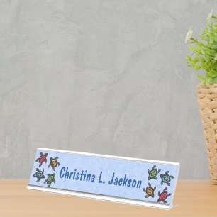 Group of Colourful Turtles Abstract Markings Blue Desk Name Plate