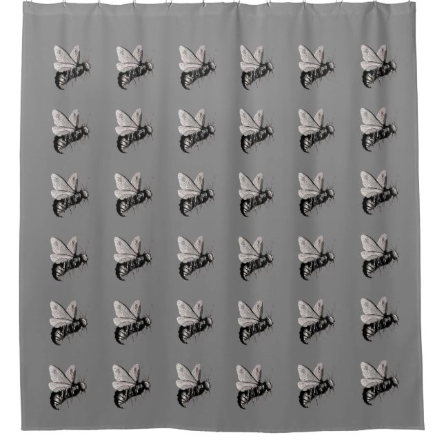 Group of Creepy Big black White Bees Skull Wings Shower Curtain (Front)