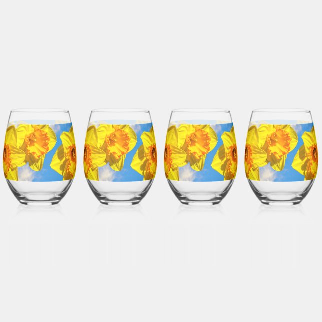 Group of Daffodils Gold Medal flowers Stemless Wine Glass (Front)