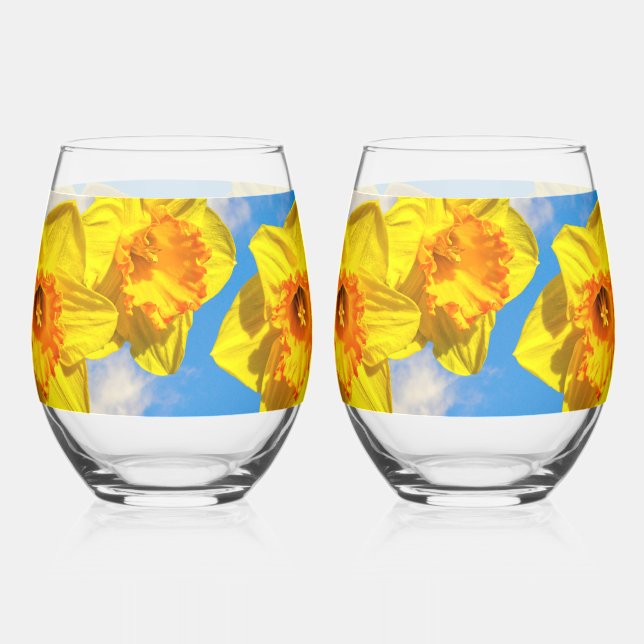 Group of Daffodils Gold Medal flowers Stemless Wine Glass (Front)