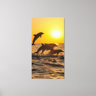 group of dolphins happily leap out of the waves canvas print