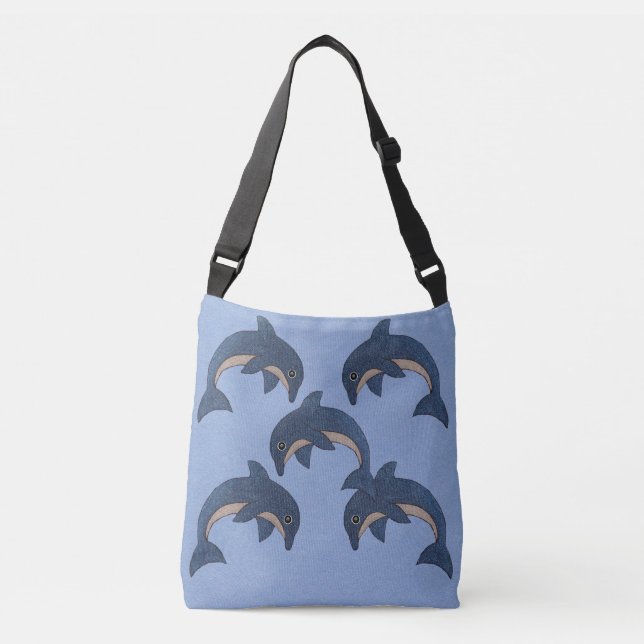 Group of Five Jumping Sparkle Look Blue Dolphins Crossbody Bag (Front)
