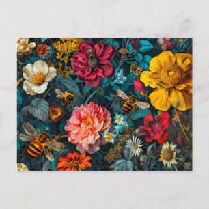 Group of Honeybees with Zinnias, Roses, and Daisie Postcard
