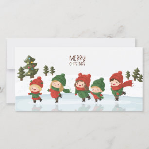 Group of Ice Skating Children at Christmas Holiday Card
