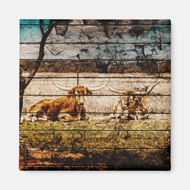 Group of Longhorns Laying in Field Distressed Wood Magnet (Front)