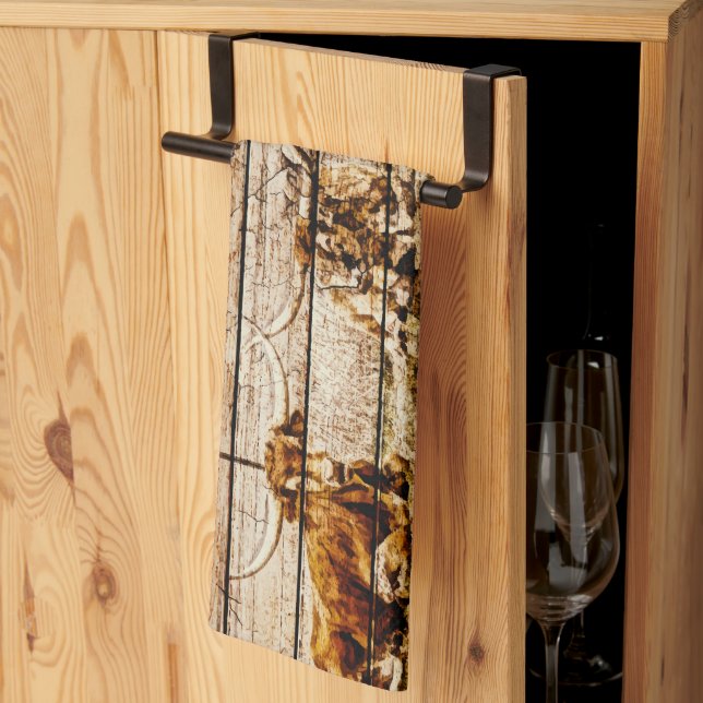 Group of Longhorns Laying in Field Distressed Wood Tea Towel (Thirds Fold)