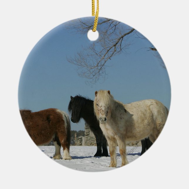 Group of Miniature Horses in the Snow Ceramic Tree Decoration (Front)