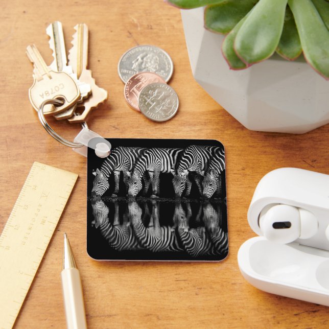 Group of Plains Zebra Drink Together at Night Key Ring (Desk)