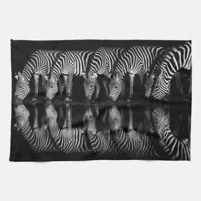 Group of Plains Zebra Drink Together at Night Tea Towel (Horizontal)