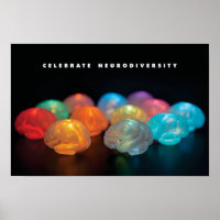 Group of small glowing brains in multiple colours 