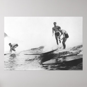 Group of Surfers in Honolulu, Hawaii Surfing Poster