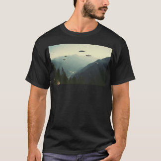Group Of Ufo Flying Over Mountains 80S Retro Photo T-Shirt