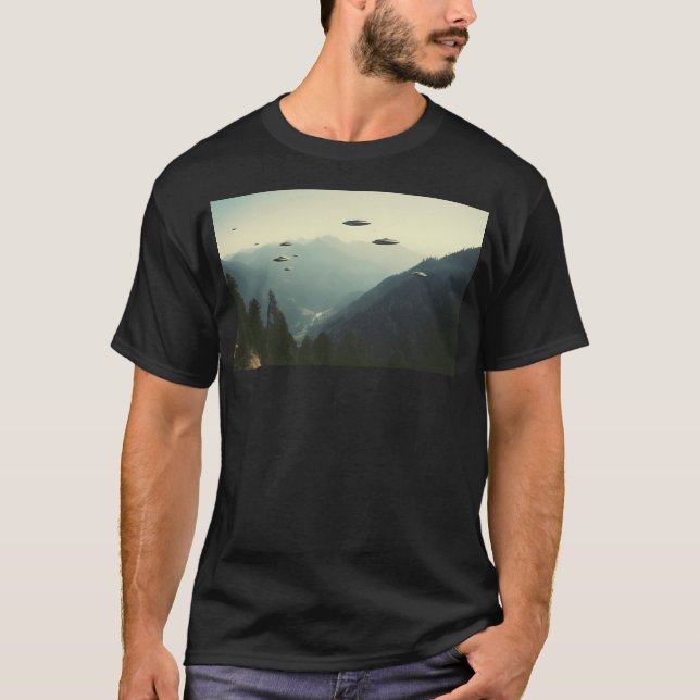 Group Of Ufo Flying Over Mountains 80S Retro Photo T-Shirt (Front)