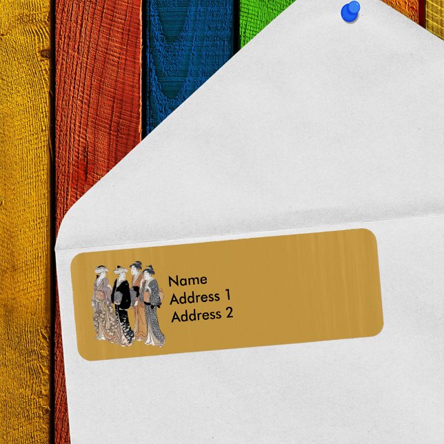 Group of Vintage Japanese Geisha Women (Group vintage Japanese Geisha ladies traditional clothes golden yellow return address label.)