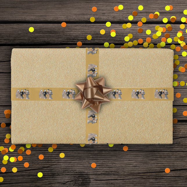 Group of Vintage Japanese Geisha Women Satin Ribbon (Four Vintage Japanese Geisha ladies traditional clothes on golden yellow gift wrap ribbon.)