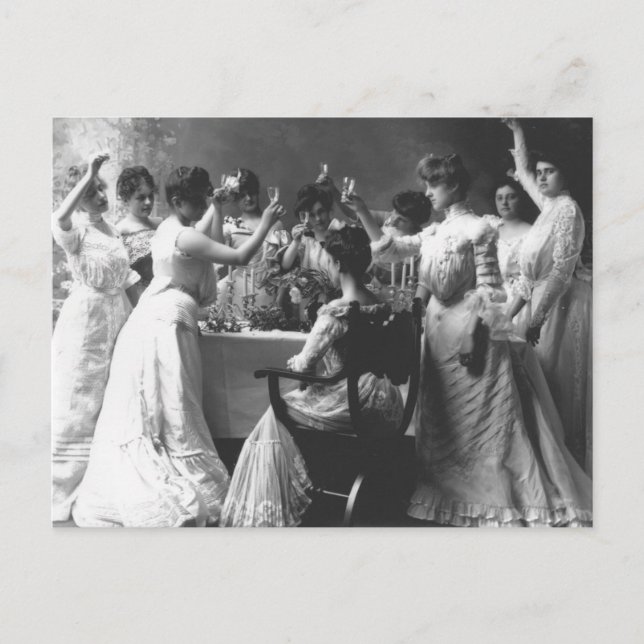 Group of Women in Early 1900s Champagne Toast Postcard (Front)