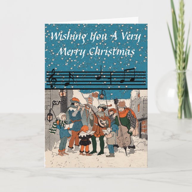 Group Old Time Christmas Carolers Musicians Snow Holiday Card (Front)