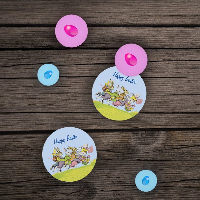 Group Running Easter Bunnies Baskets Eggs Grass Confetti (Happy Easter running bunnies in grass with baskets and coloured eggs on table confetti.)