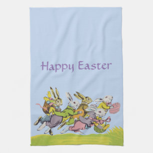 Group Running Easter Rabbits in Pastel Clothes Tea Towel