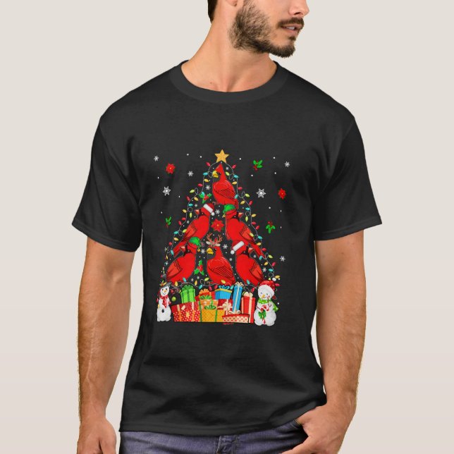 Group Santa Reindeer Elf Cardinal Birds As Xmas Tr T-Shirt (Front)