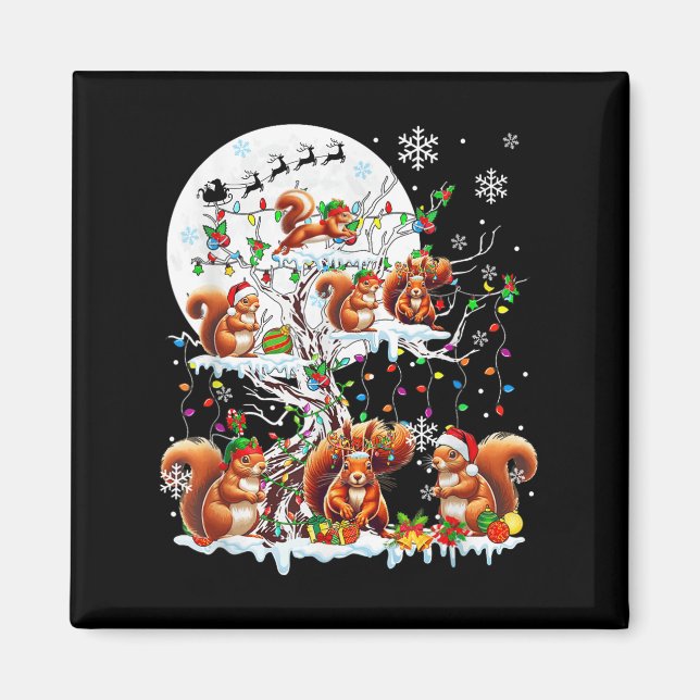 Group Santa Reindeer Elf Squirrels On Tree Christm Magnet (Front)