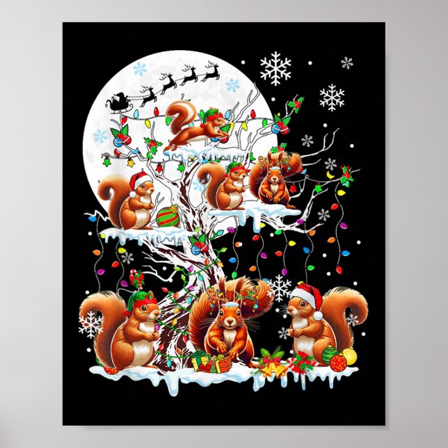 Group Santa Reindeer Elf Squirrels On Tree Christm Poster (Front)