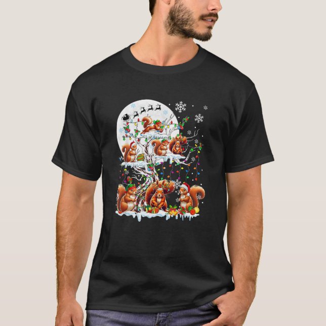 Group Santa Reindeer Elf Squirrels On Tree Christm T-Shirt (Front)