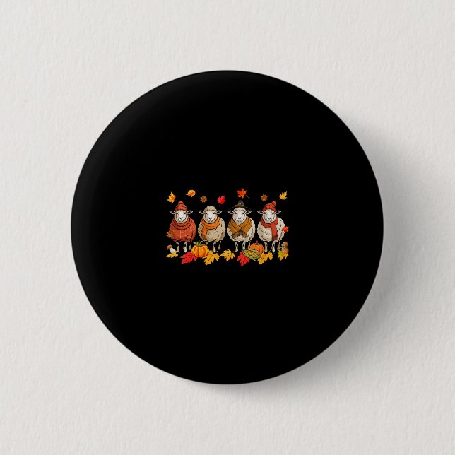 Group Sheeps Thanksgiving Fall Leaves Pumpkins Far 6 Cm Round Badge (Front)