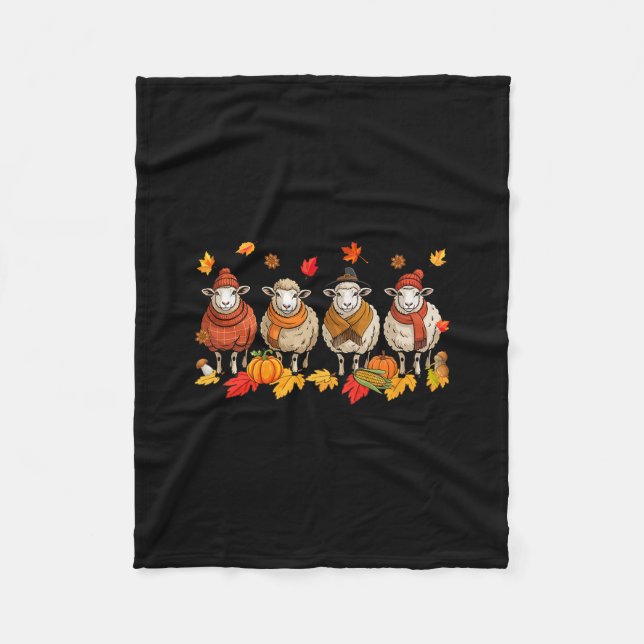 Group Sheeps Thanksgiving Fall Leaves Pumpkins Far Fleece Blanket (Front)