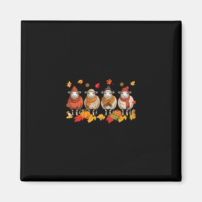 Group Sheeps Thanksgiving Fall Leaves Pumpkins Far Magnet (Front)