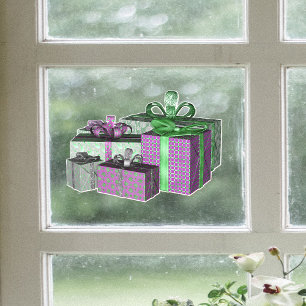 Group Shiny Wrapped Christmas Present Green Purple Window Cling