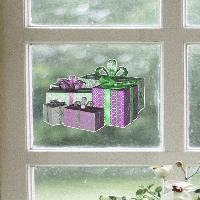Group Shiny Wrapped Christmas Present Green Purple Window Cling (Group Christmas shiny presents green and purple wrapping paper with bows on window cling decoration.)
