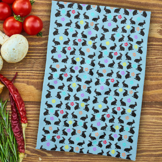 Group Spring Black Sitting Rabbits Flowers on blue Tea Towel