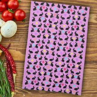 Group Spring Black Sitting Rabbits Flowers Pink Tea Towel
