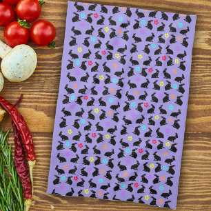 Group Spring Black Sitting Rabbits Flowers Purple Tea Towel